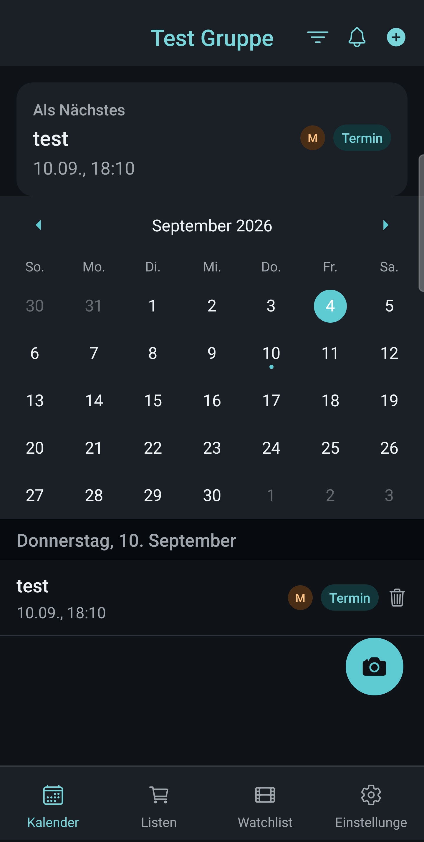 PaarApp-Kalender mit einem gemeinsamen Termin, im dunklen Mitternacht-Design